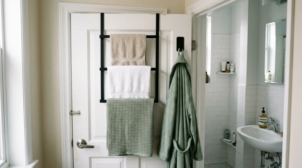 Over-the-door rack holding three towels on the back of a small bathroom door, with an adhesive hook beside it