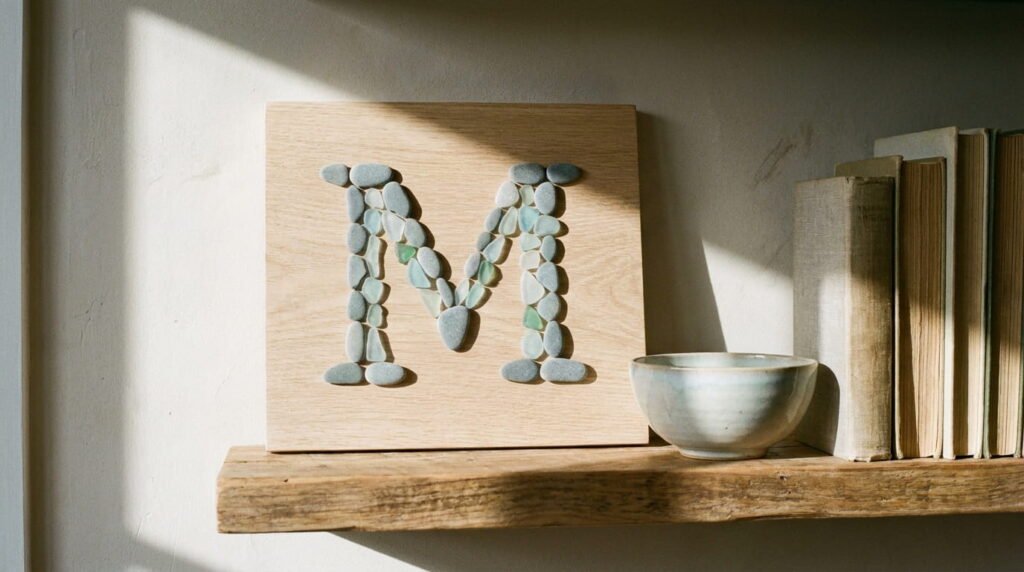 Monogram letter made from smooth pebbles and sea glass on a wood board, leaning on a shelf beside books