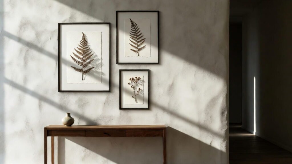 Three framed pressed fern and wildflower artworks of different sizes hung in a vertical cluster on a hallway wall