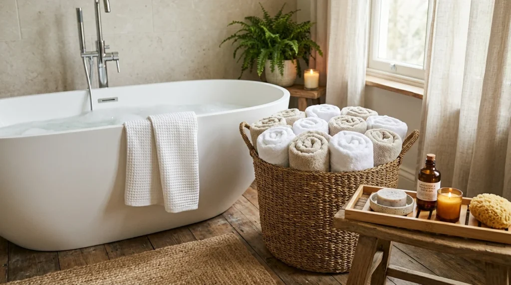 Styled neutral bathroom with a towel bar, hand towel ring and basket of rolled towels working together