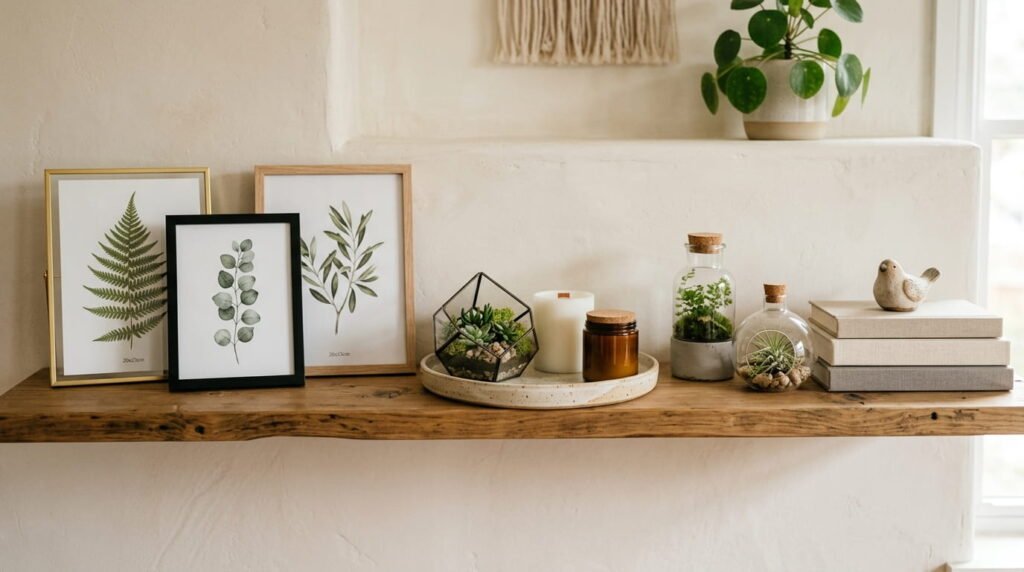 Shelf styled in groups of three with framed botanicals, candles on a tray and small terrariums in neutral tones
