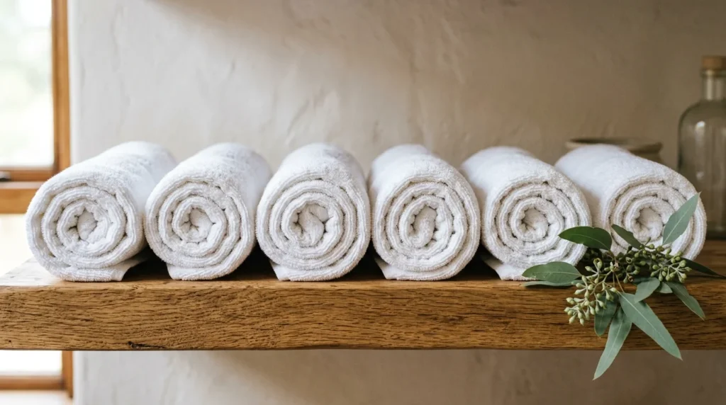 Row of identical spa-rolled white towels on a wooden shelf with the clean spiral ends facing out