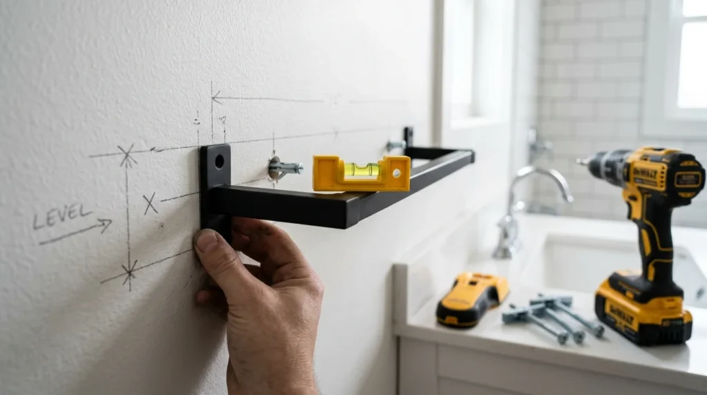 Towel bar bracket held against a pencil-marked wall beside a level, stud finder, toggle anchors and a drill