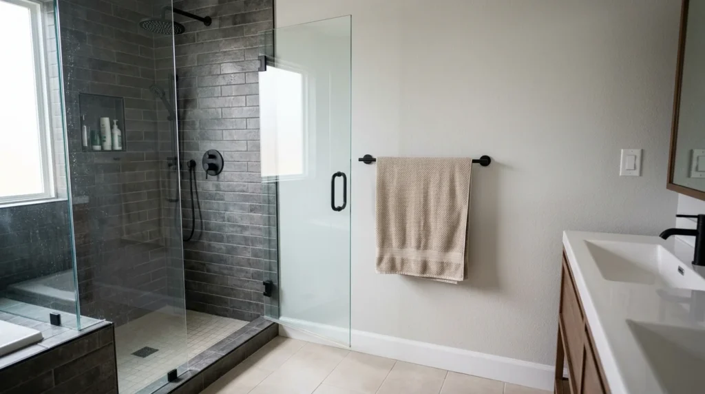 Matte black towel bar mounted within arm's reach of a glass shower door with a bath towel hanging flat and open