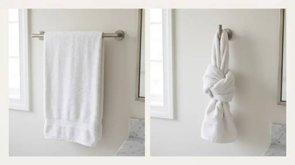 Side by side comparison of a towel hanging flat on a bar and the same towel bunched on a single wall hook