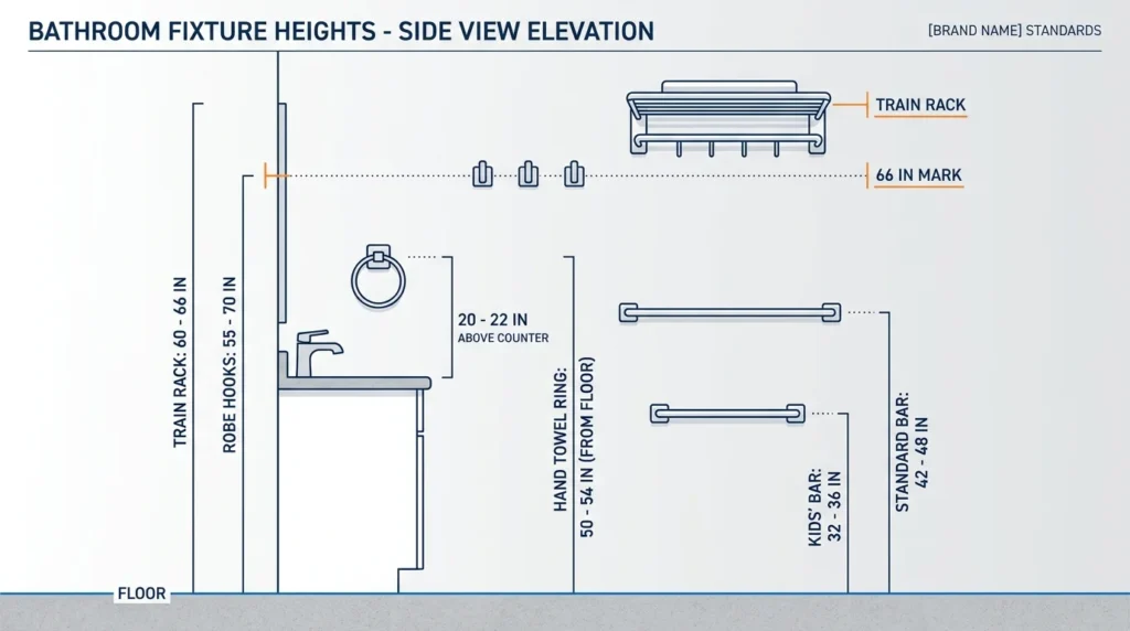 Diagram of standard bathroom towel hardware heights, from a kids' bar at 32 inches to a train rack at 66 inches
