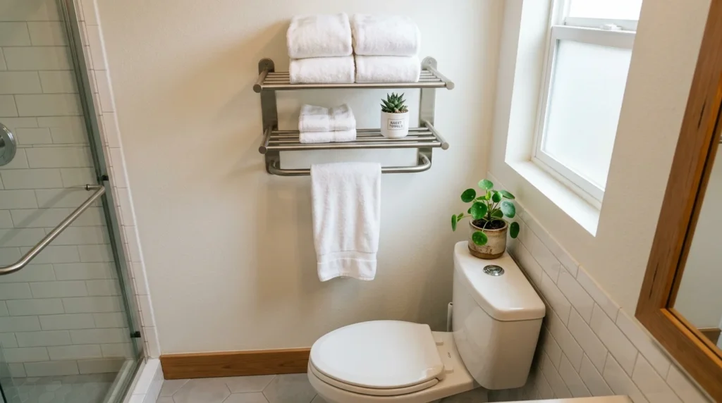 Hotel-style train rack above a toilet with a hanging towel on the lower bar and folded towels on the shelf