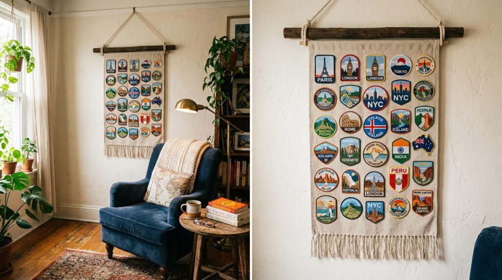 Fabric wall hanging with embroidered travel patches on a wooden dowel above a cozy reading chair
