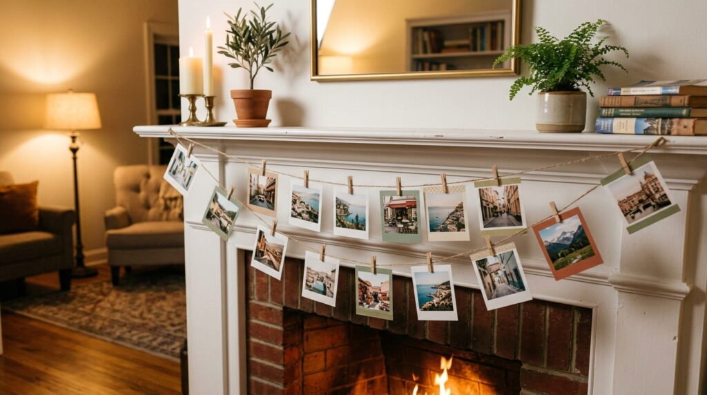 Twine garland of small travel photos clipped with mini clothespins and washi tape, draped along a mantel