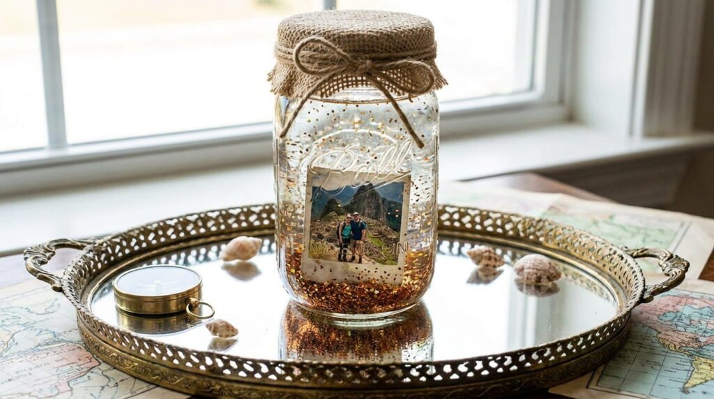 Handmade memory globe jar with a tiny travel photo and glitter in water, displayed on a mirrored tray