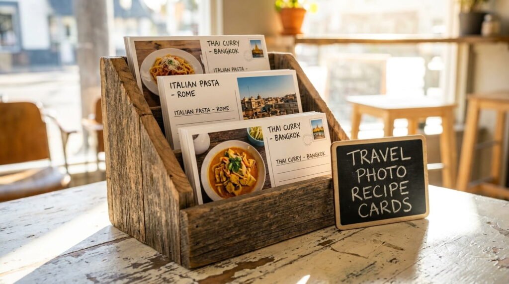 Wooden stand holding travel photo recipe cards on a kitchen counter beside a pot, fresh pasta and basil