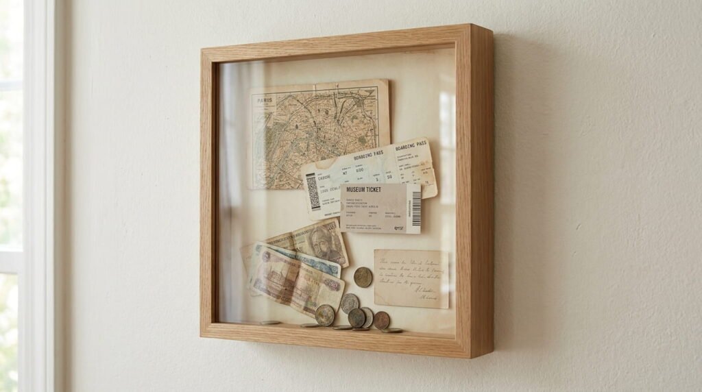Deep shadow box displaying a folded map, boarding pass, ticket stubs and foreign currency layered with foam dots