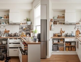Small kitchen before and after transformation showing space saving hacks that turn cluttered counters and cabinets into an organized modern kitchen.