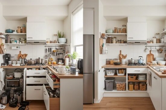 Small kitchen before and after transformation showing space saving hacks that turn cluttered counters and cabinets into an organized modern kitchen.