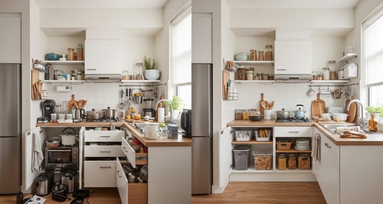 Small kitchen before and after transformation showing space saving hacks that turn cluttered counters and cabinets into an organized modern kitchen.