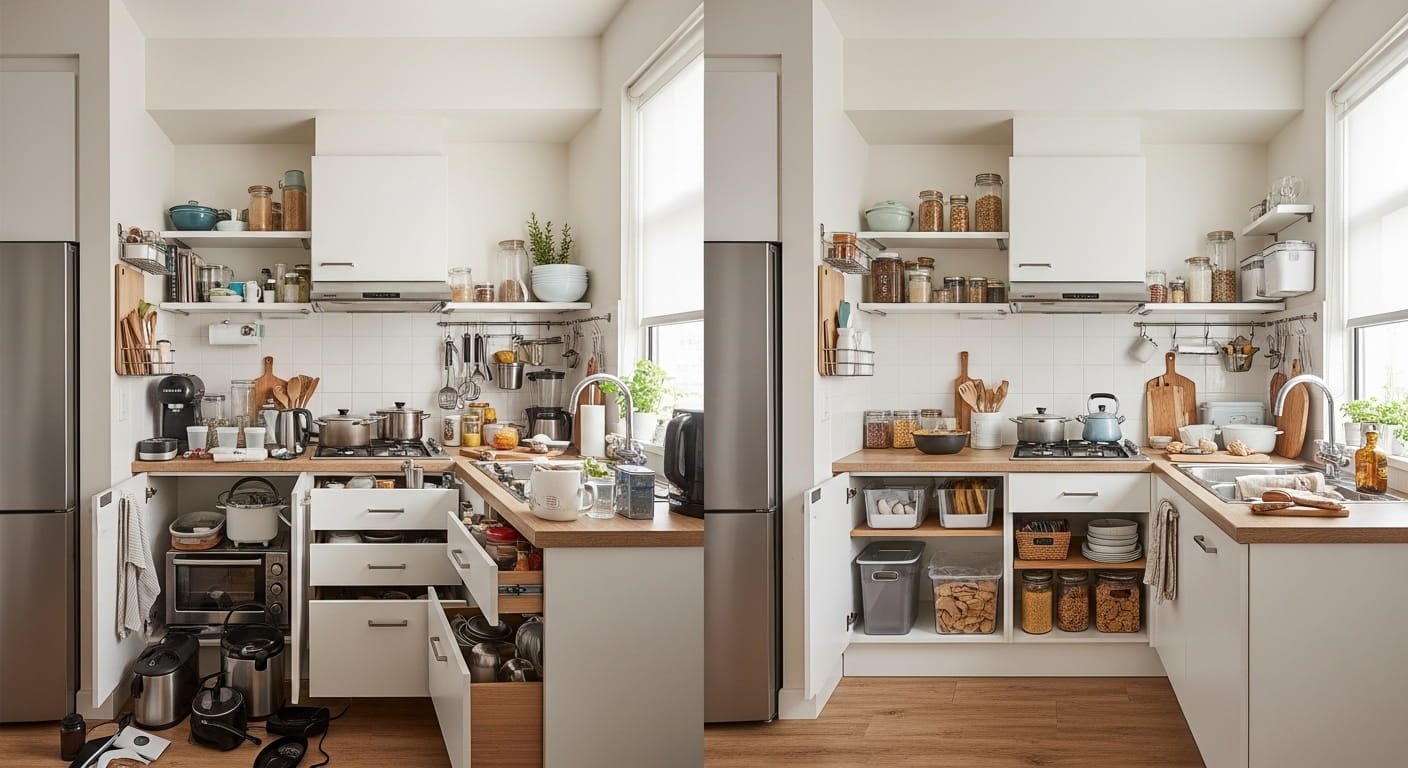 Small kitchen before and after transformation showing space saving hacks that turn cluttered counters and cabinets into an organized modern kitchen.