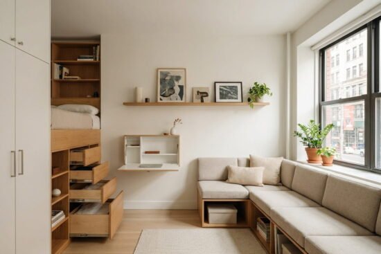 Organized small apartment with rental-friendly storage solutions including storage ottoman, shelves, baskets, and under-bed storage