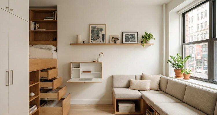 Organized small apartment with rental-friendly storage solutions including storage ottoman, shelves, baskets, and under-bed storage