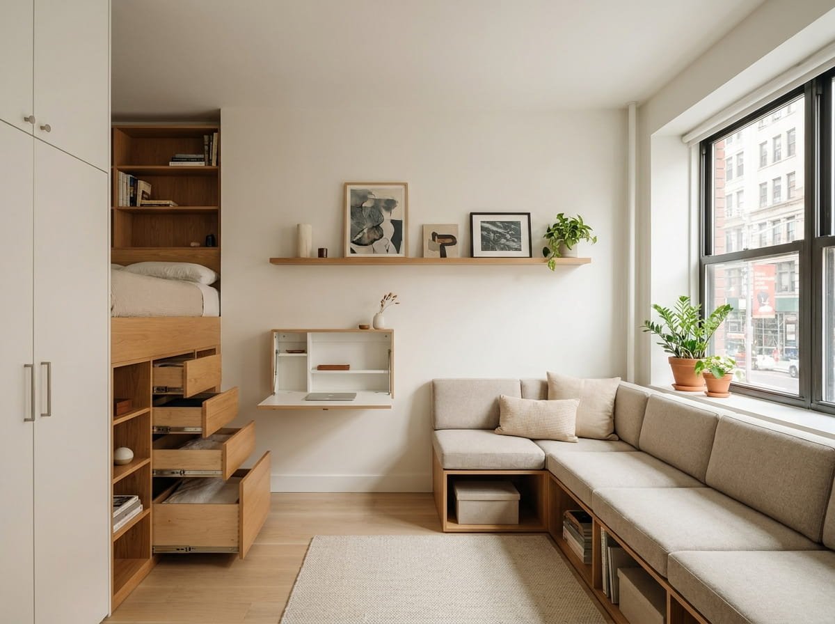 Organized small apartment with rental-friendly storage solutions including storage ottoman, shelves, baskets, and under-bed storage