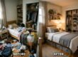 Small bedroom transformation showing cluttered and organized sides with smart storage solutions for busy families