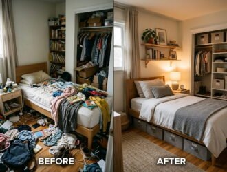 Small bedroom transformation showing cluttered and organized sides with smart storage solutions for busy families