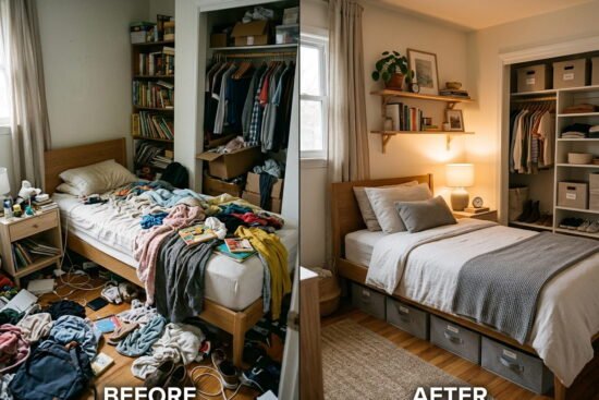 Small bedroom transformation showing cluttered and organized sides with smart storage solutions for busy families
