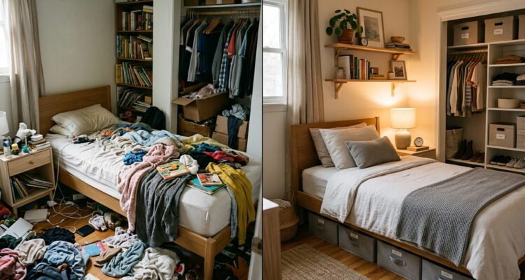 Small bedroom transformation showing cluttered and organized sides with smart storage solutions for busy families