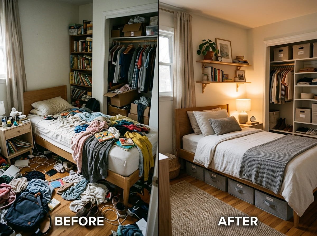 Small bedroom transformation showing cluttered and organized sides with smart storage solutions for busy families