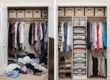 Split view of a small bedroom closet transformation showing a cluttered overflowing closet on the left and a neatly organized closet with slim hangers and storage bins on the right