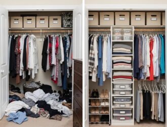 Split view of a small bedroom closet transformation showing a cluttered overflowing closet on the left and a neatly organized closet with slim hangers and storage bins on the right
