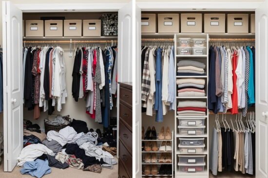 Split view of a small bedroom closet transformation showing a cluttered overflowing closet on the left and a neatly organized closet with slim hangers and storage bins on the right