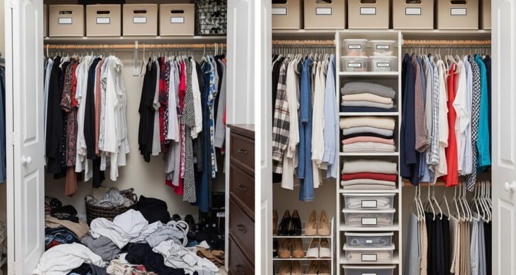 Split view of a small bedroom closet transformation showing a cluttered overflowing closet on the left and a neatly organized closet with slim hangers and storage bins on the right