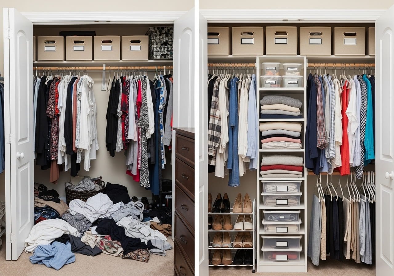 Split view of a small bedroom closet transformation showing a cluttered overflowing closet on the left and a neatly organized closet with slim hangers and storage bins on the right