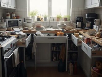 Cluttered small kitchen showing overcrowded counters and cabinets highlighting why small kitchens feel out of space.