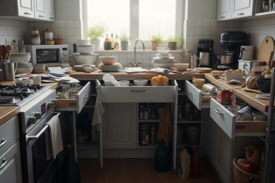 Cluttered small kitchen showing overcrowded counters and cabinets highlighting why small kitchens feel out of space.