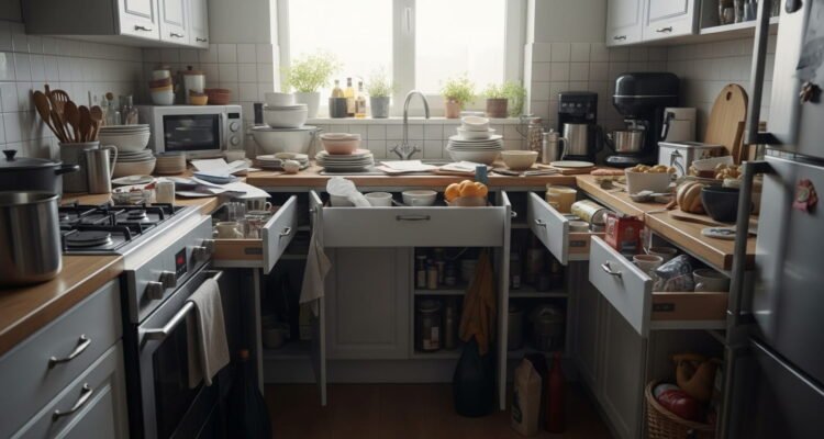 Cluttered small kitchen showing overcrowded counters and cabinets highlighting why small kitchens feel out of space.