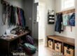 Split-screen before and after comparison of a busy family mudroom entryway, showing a chaotic pile of shoes and backpacks transformed into a neat system with labeled baskets and wall hooks.
