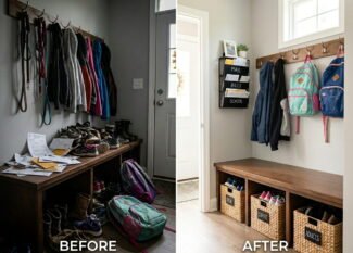 Split-screen before and after comparison of a busy family mudroom entryway, showing a chaotic pile of shoes and backpacks transformed into a neat system with labeled baskets and wall hooks.