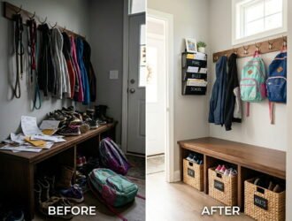 Split-screen before and after comparison of a busy family mudroom entryway, showing a chaotic pile of shoes and backpacks transformed into a neat system with labeled baskets and wall hooks.