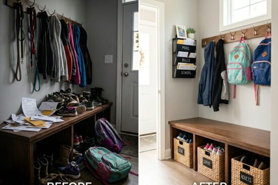 Split-screen before and after comparison of a busy family mudroom entryway, showing a chaotic pile of shoes and backpacks transformed into a neat system with labeled baskets and wall hooks.