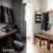 Split-screen before and after comparison of a busy family mudroom entryway, showing a chaotic pile of shoes and backpacks transformed into a neat system with labeled baskets and wall hooks.