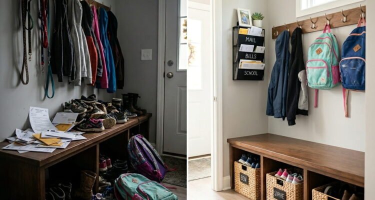 Split-screen before and after comparison of a busy family mudroom entryway, showing a chaotic pile of shoes and backpacks transformed into a neat system with labeled baskets and wall hooks.