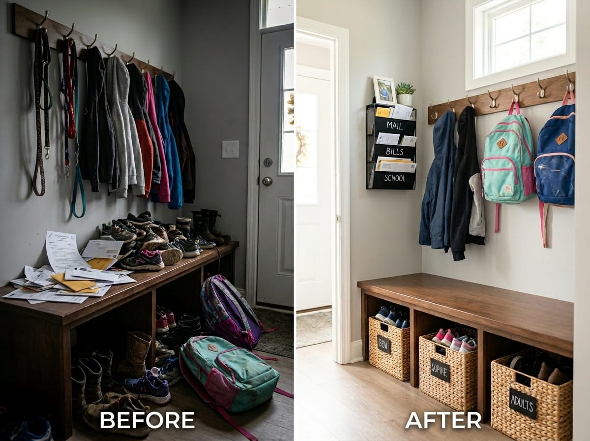 Split-screen before and after comparison of a busy family mudroom entryway, showing a chaotic pile of shoes and backpacks transformed into a neat system with labeled baskets and wall hooks.
