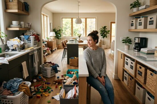 Split-screen family home with cluttered chaotic room on one side and organized functional storage system on the other