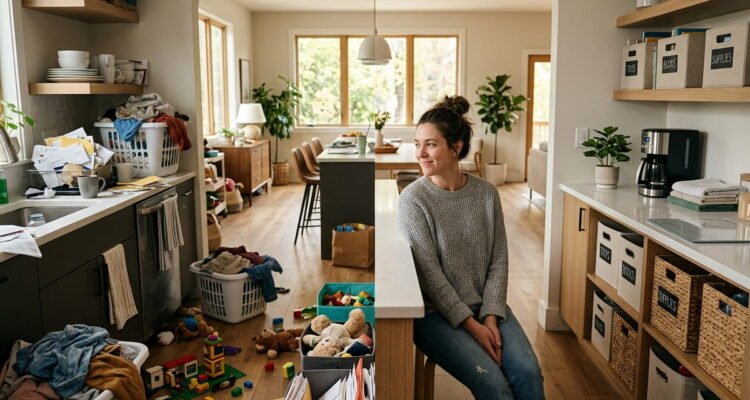 Split-screen family home with cluttered chaotic room on one side and organized functional storage system on the other