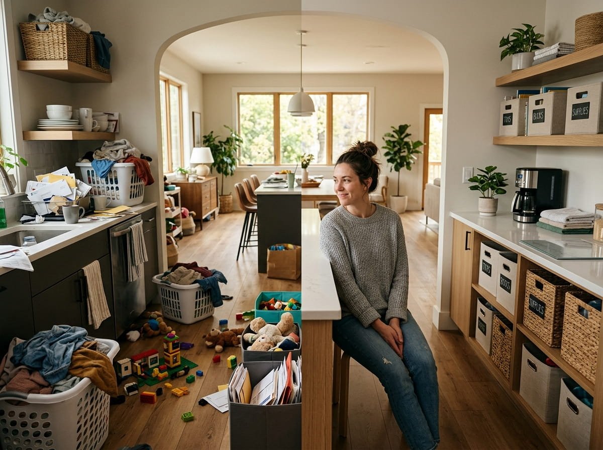 Split-screen family home with cluttered chaotic room on one side and organized functional storage system on the other