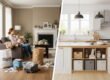 Split view of cluttered family home and clean organized space showing fast decluttering transformation with storage bins and donation bags