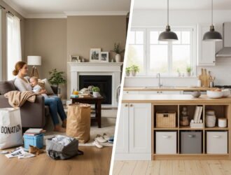 Split view of cluttered family home and clean organized space showing fast decluttering transformation with storage bins and donation bags