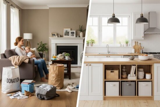 Split view of cluttered family home and clean organized space showing fast decluttering transformation with storage bins and donation bags
