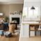 Split view of cluttered family home and clean organized space showing fast decluttering transformation with storage bins and donation bags
